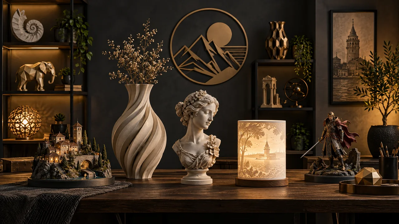 El yapımı dekoratif sanat objeleri, koleksiyon figürleri ve ışıklı tasarımlar