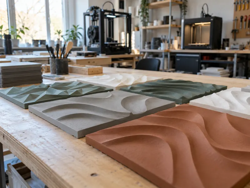 Atölye masasında dalga desenli kabartma modüller, arkada 3D yazıcılar (örnek sahne)