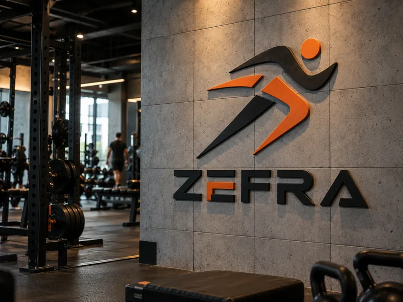 Kurumsal logo duvar rölyefi, 25×25 cm modüllerden: spor salonunda beton duvar üzerinde siyah ve turuncu koşucu logosu (örnek marka logosu)
