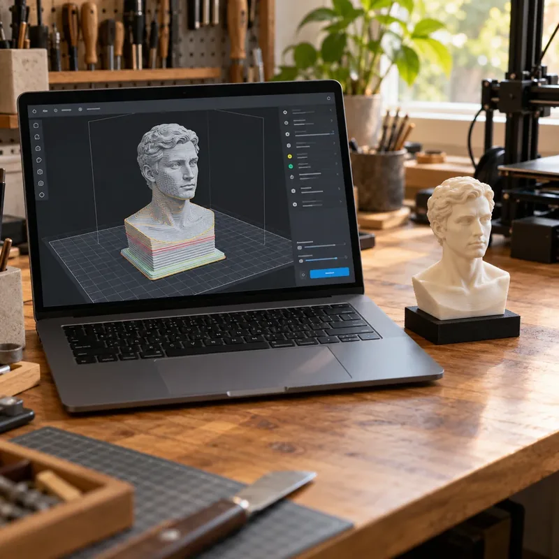 Bilgisayarda açık 3D model dosyası ve masadaki baskısı — ücretsiz STL dosyaları