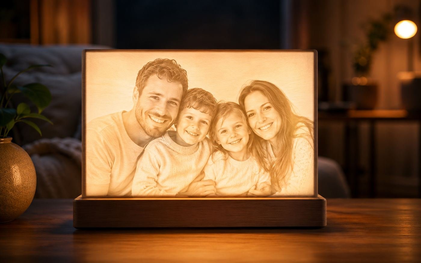Işıklı litofani — aile fotoğrafından ahşap gece lambası