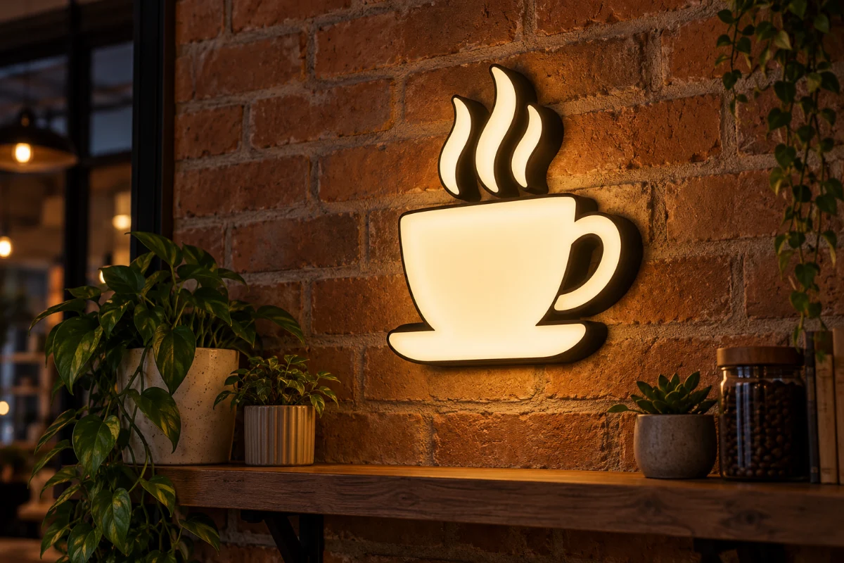 Kafe duvarında 3D baskı kanal harf ışıklı kahve fincanı tabelası