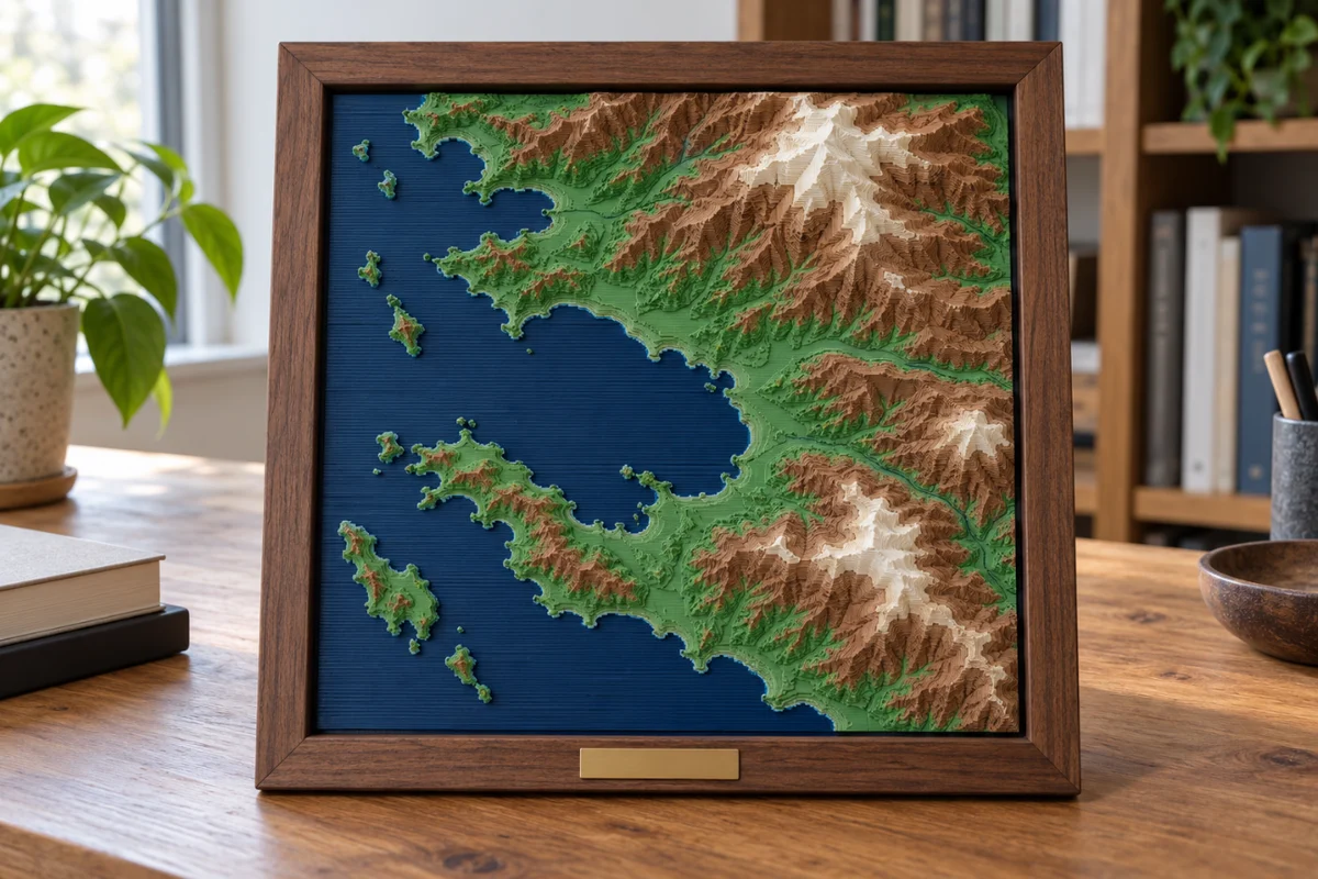 Renkli 3D topografik şehir rölyef haritası, koordinat plakalı çerçeve