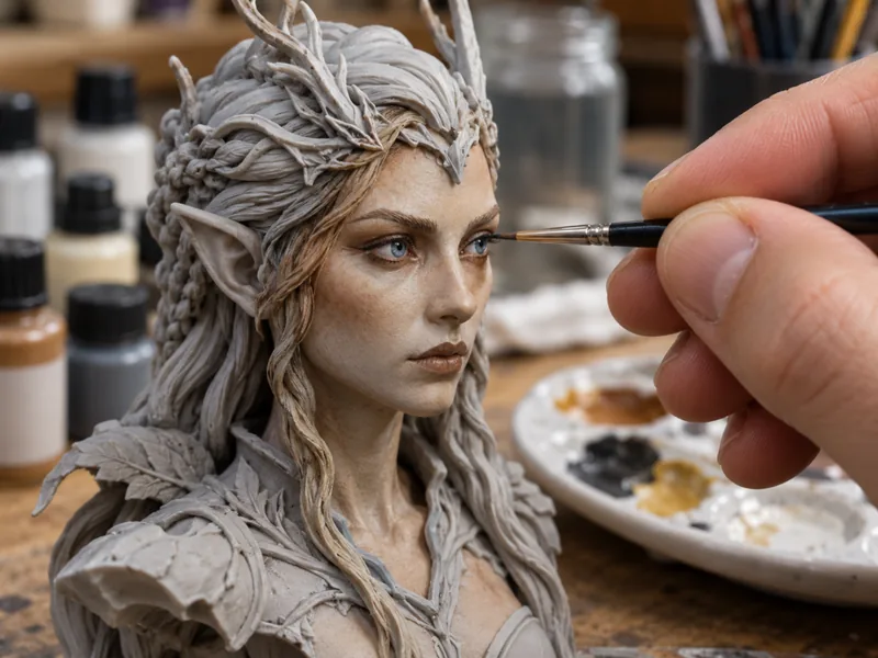 İnce fırçayla boyanan 3D baskı elf büstünün göz detayı, yakın çekim